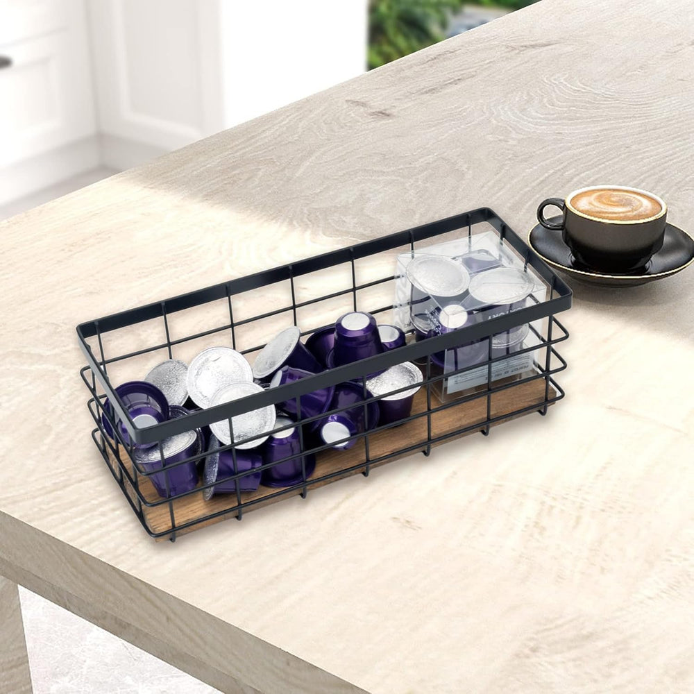 TIEYIPIN Farmhouse Decor Metal Wire Storage Baskets, Wood Base Containers Org...
