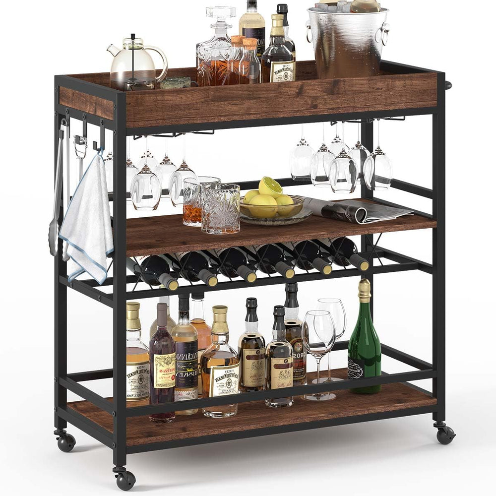 Rolling Bar Cart on Wheels for Home with Wine Rack, Glass Holder