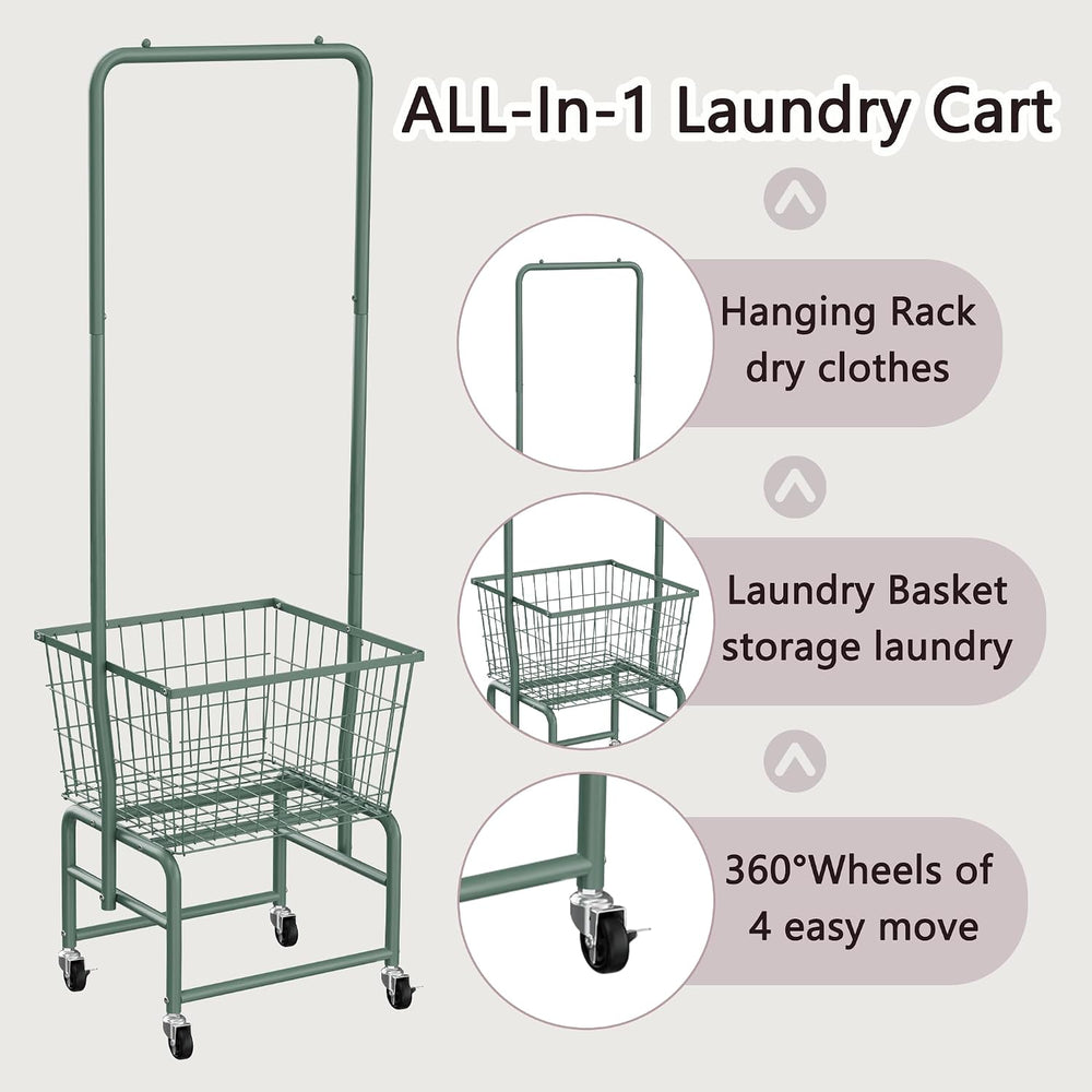 Rolling Laundry Cart with Wheels, Laundry Hamper Basket Organizer with Clothe...