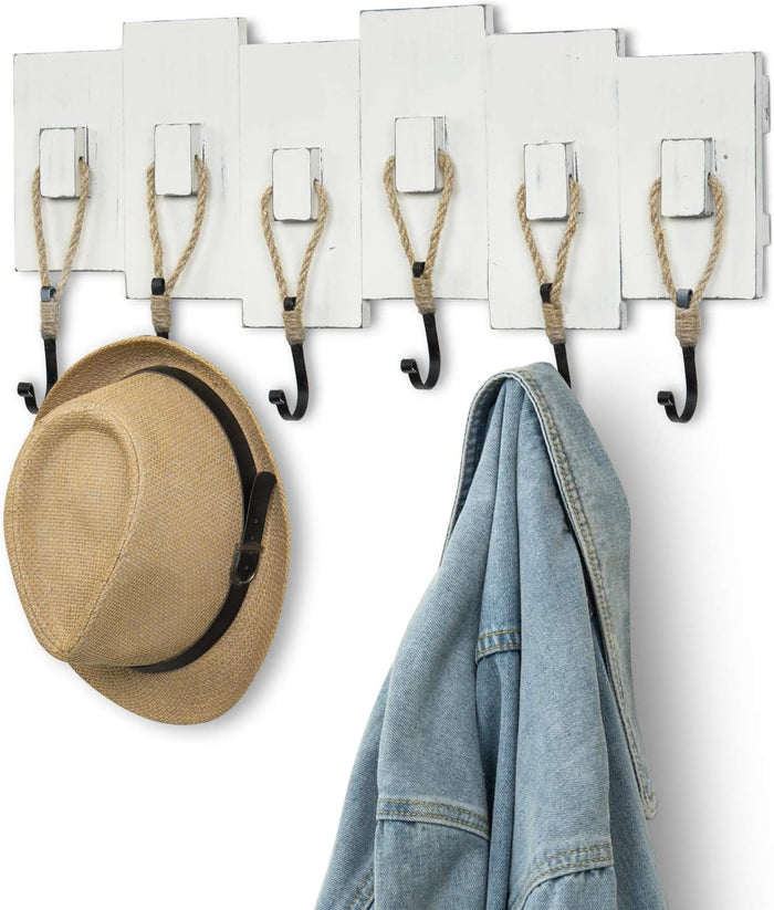 MyGift 6 Hook Wall Mounted Vintage White Wood Entryway Coat and Hat Rack, Decorative Nautical Style Rustic Rope Metal Hanging Storage Hooks on Wooden Planks