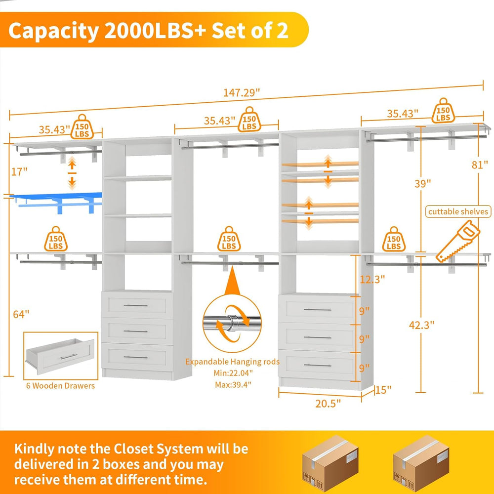 Closet System with 6 Drawers, 6-12FT Closet Organizer System with Cuttable Sh...