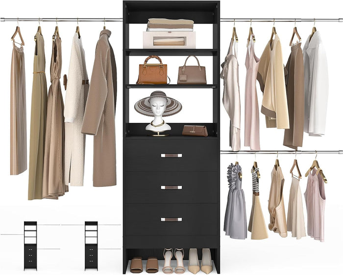 Besiost 96'' Closet Organizer System with 3 Hanging Rods, 8FT Closet Organizers and Storage with 3 Wooden Drawers, Built in Closet Organizer Systems, Adjustable Walk-in Wardrobe from 5-8FT, Black