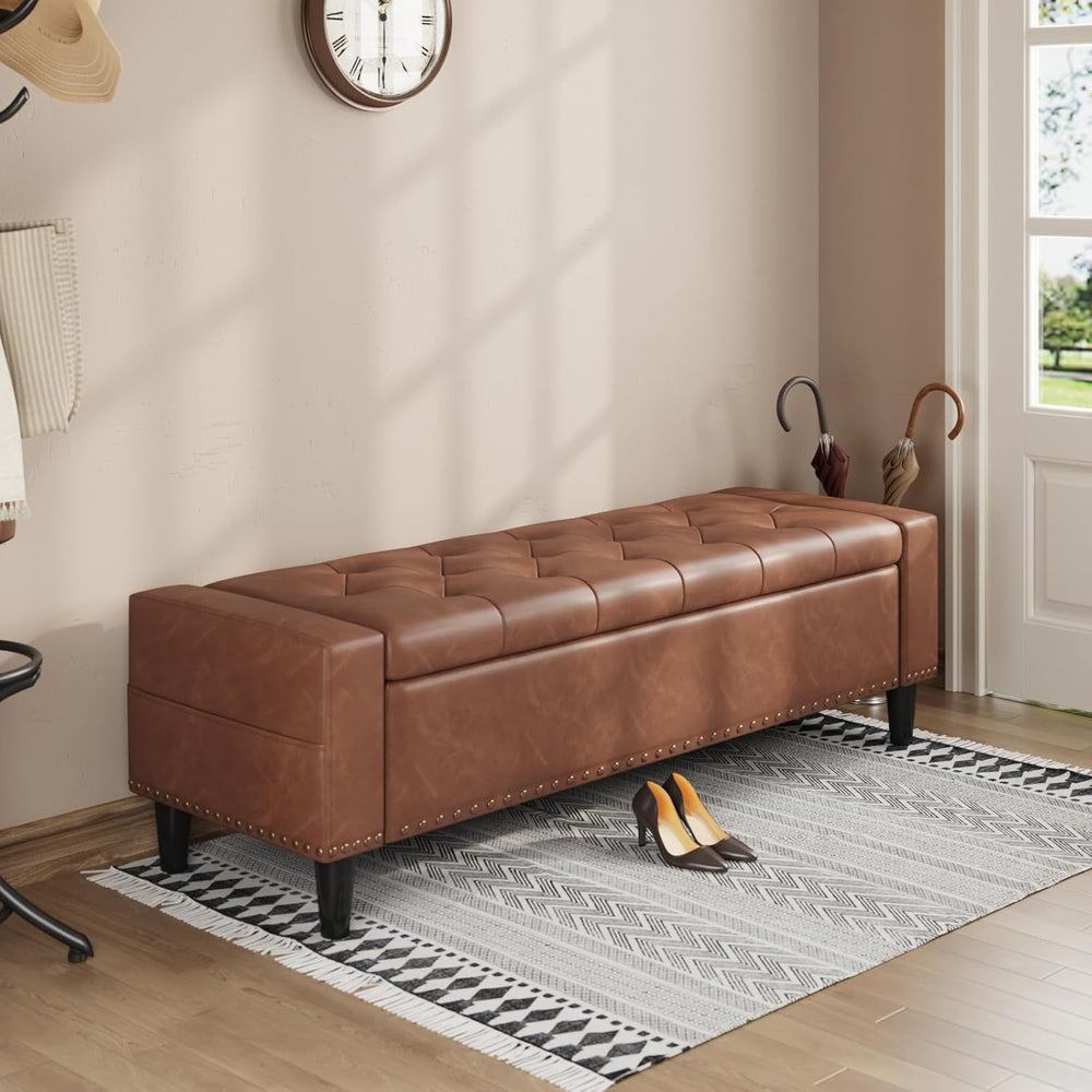 60" Storage Ottoman Bench, Faux Leather Upholstered Bed Bench, Brown