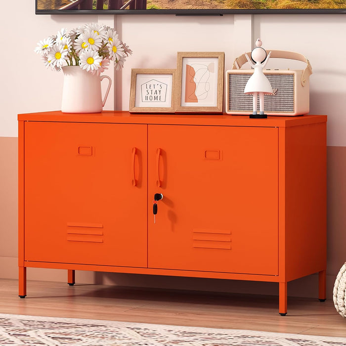 25.2" H Metal Locker Storage Cabinet with 2 Locks, Steel Low Lockerable Orange TV Stand with Adjustable Shelves, 2 Door Metal Accent Buffet Cabinet for Bathroom Kitchen Living Room Office