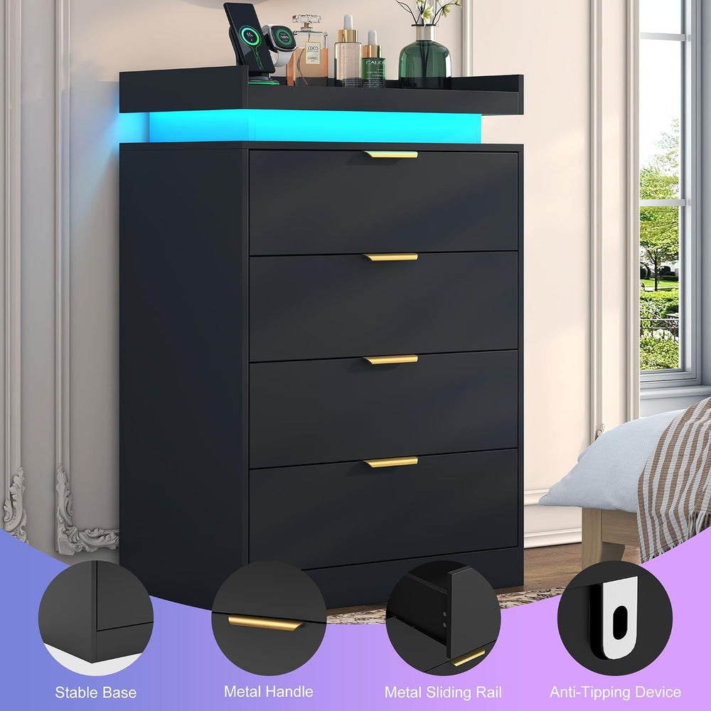 UNIQUITE Black Dresser with LED Lights and Power Outlet, Wooden 4 Drawer Dres...