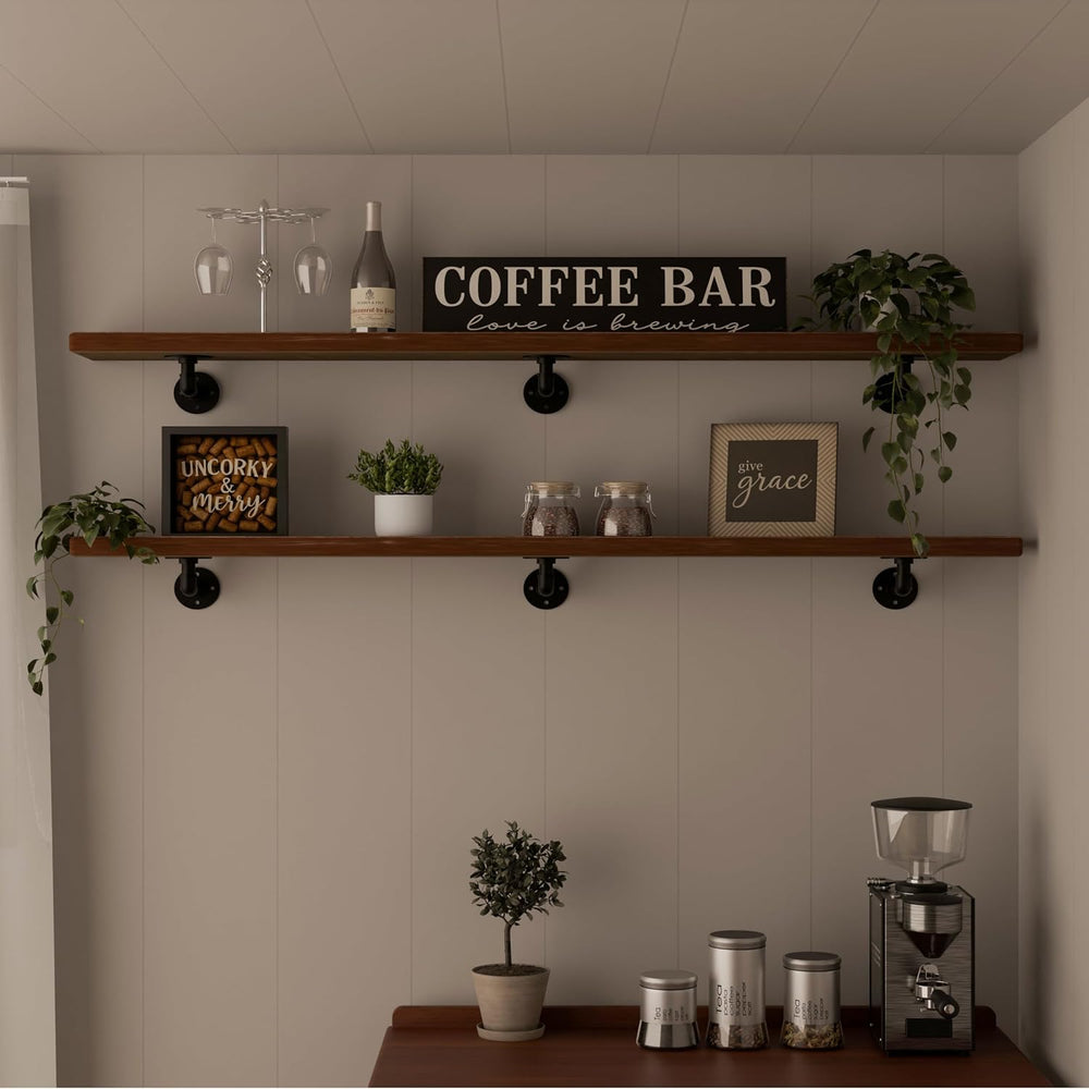IEO Industrial Pipe Shelving 72 Inch, 2-Tier Brown Wall Mounted Shelves