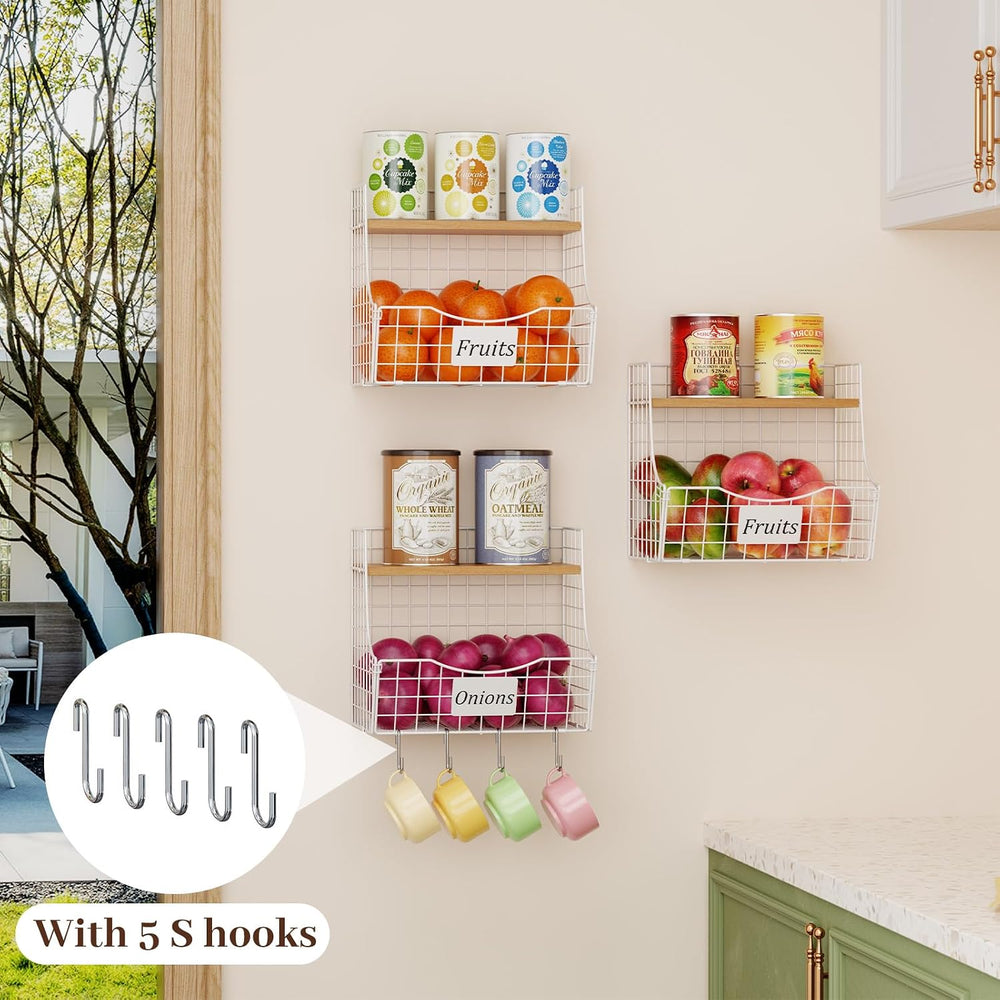 3 Pack Hanging Fruit Basket for Kitchen with Wood Lid - Onion and Potato Stor...