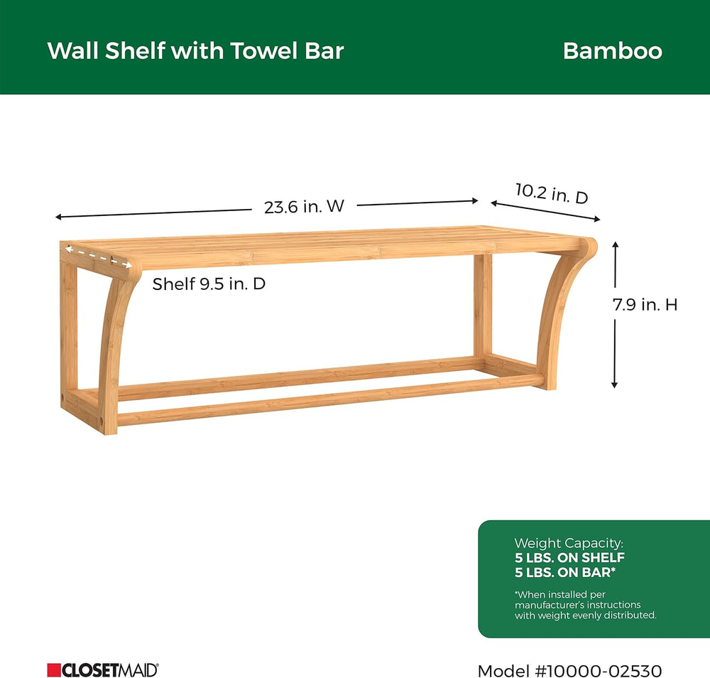 ClosetMaid Bamboo Wall Shelf with Towel Bar, Wall Mount Storage Shelves, Orga...