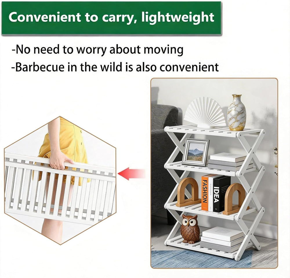 4 Tier Bamboo Shoe Rack White,Portable Folding Shoe Storage Rack,Without Inst...