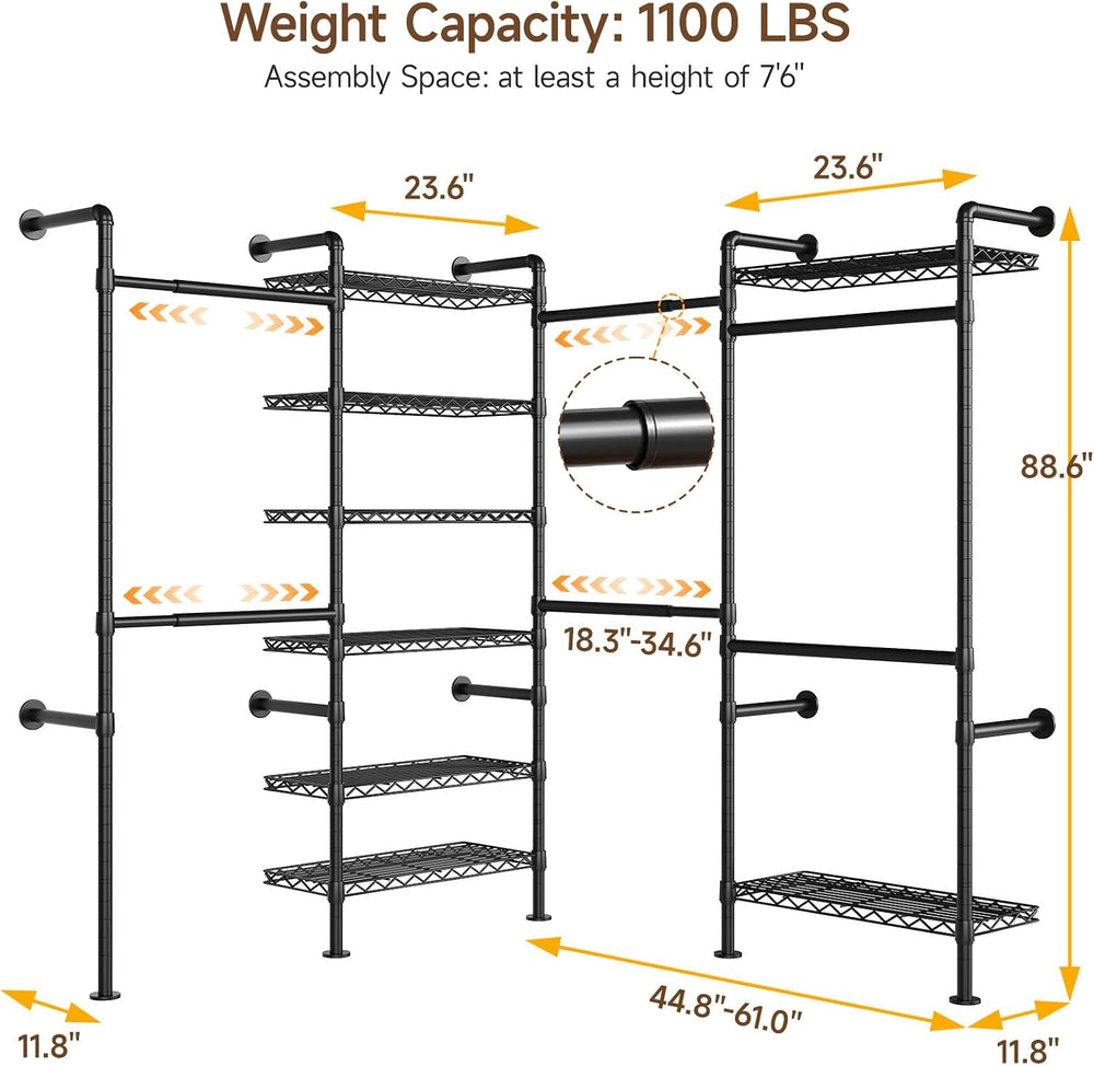 ONBRILL L4 Wall Mounted Heavy Duty Corner Industrial Pipe Clothing Rack