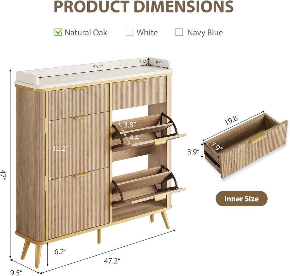 Fluted Shoe Storage Cabinet with 4 Flip Drawers & 2 Drawers, Freestanding...