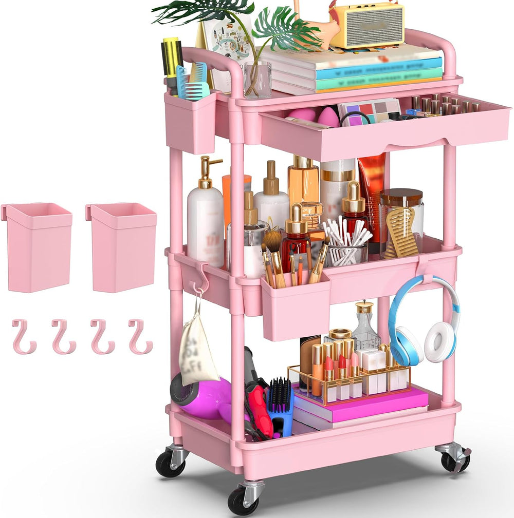3 Tier Rolling Utility Cart Organizer with Removable Drawer, Pink