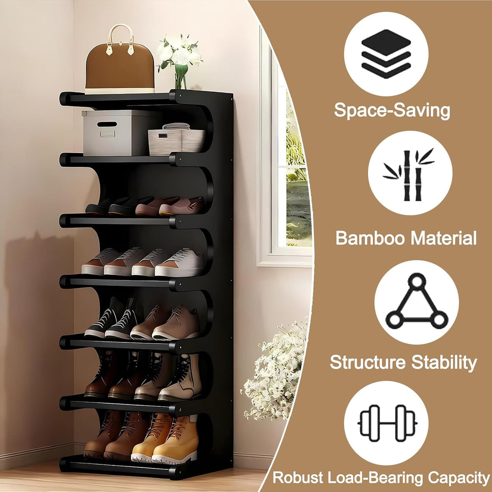 7-Tier Bamboo Shoe Rack, Vertical Narrow Shoe Rack for Small Space, Free Stan...
