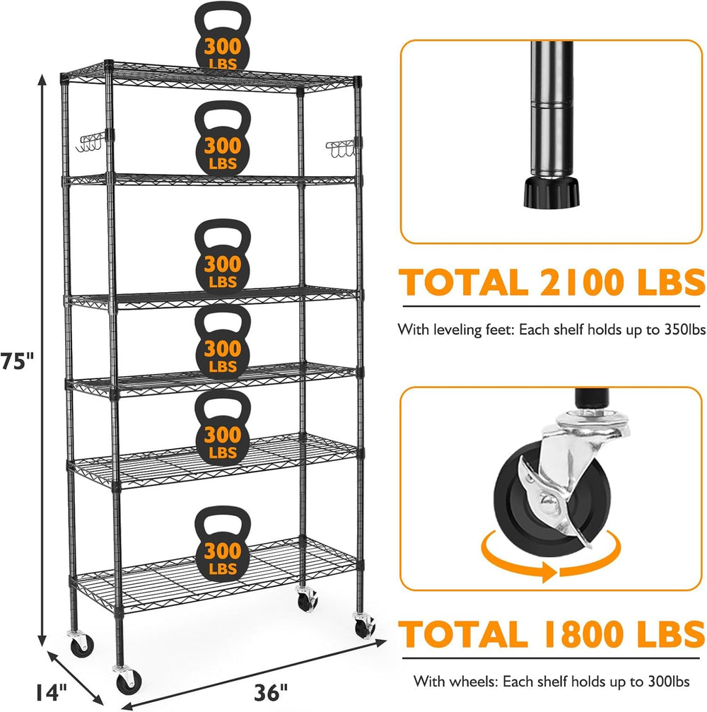 BolDuck 6 Tier Storage Shelves with Wheels, 2100lbs Capacity Heavy Duty Shelv...