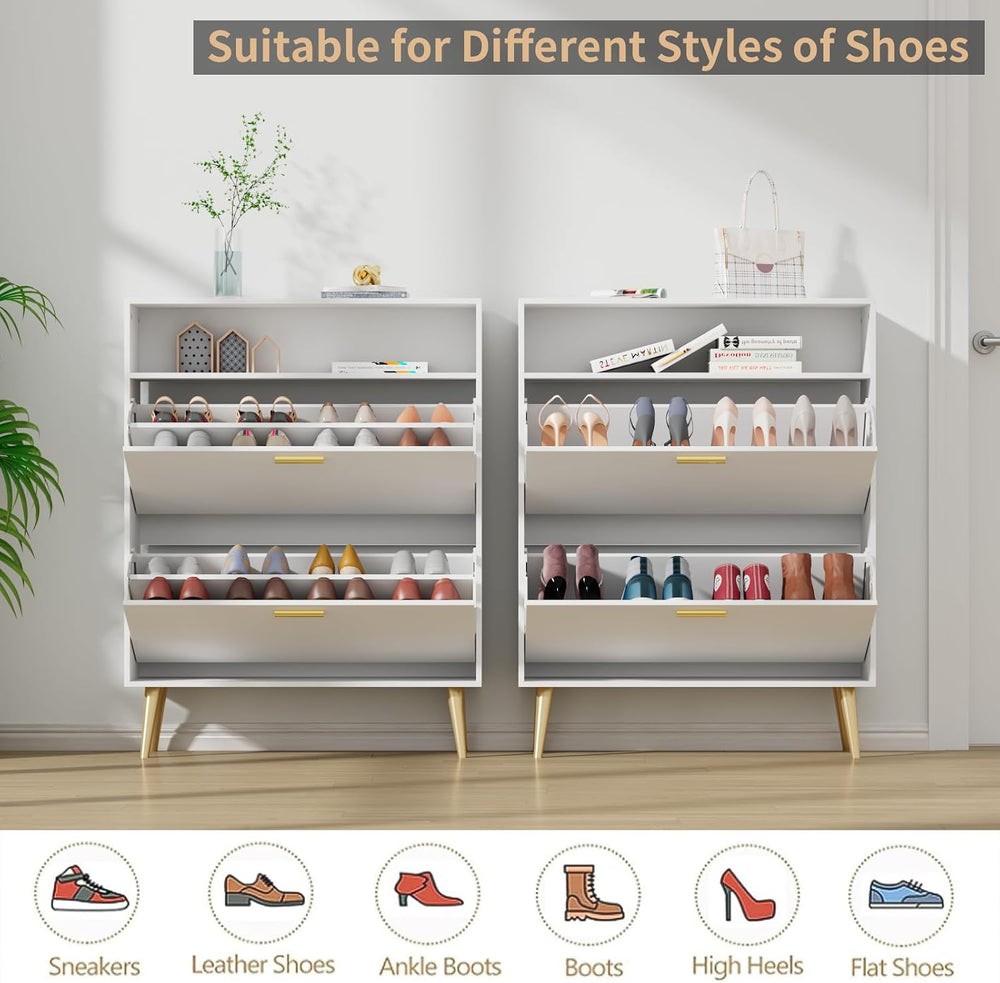JOZZBY Shoe Storage Cabinet with 2 Flip Drawers and Open Shelves, White, 2PCS...