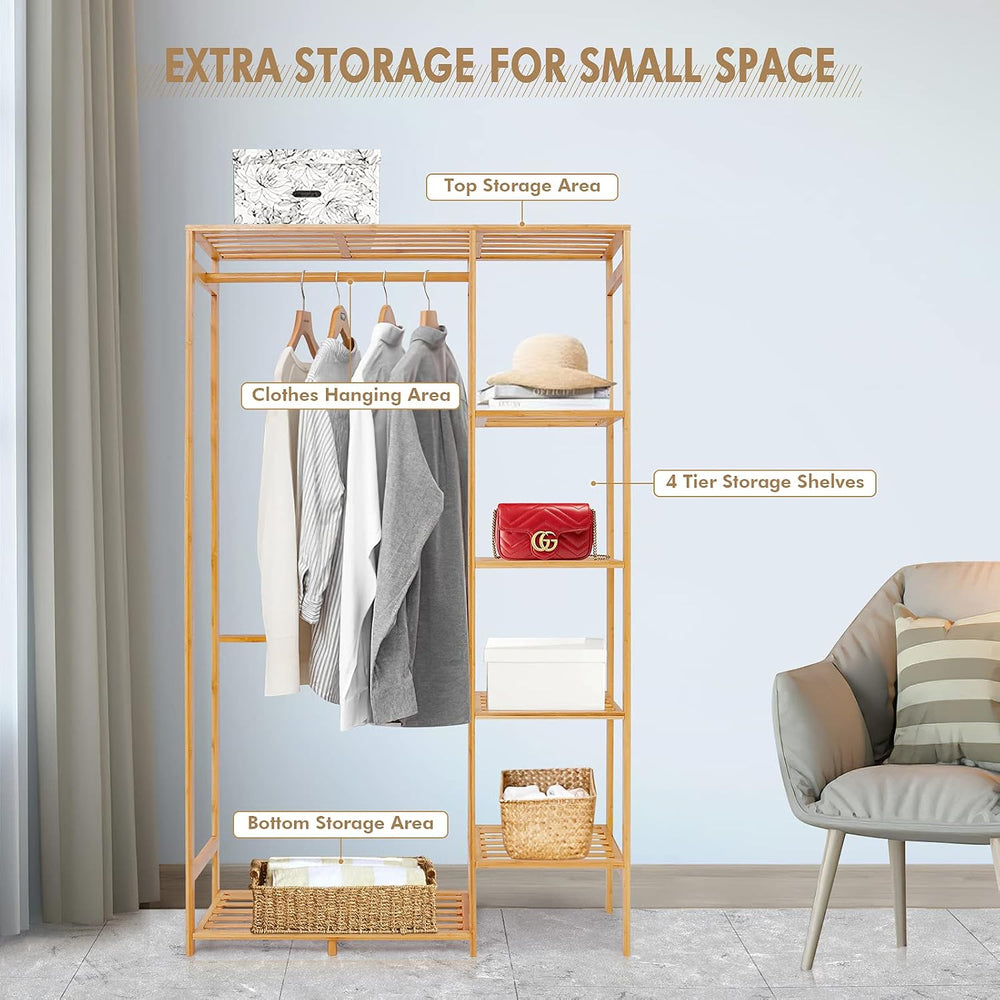 Jotsport Bamboo Clothing Rack with 6 Tier Storage Shelf & Hanging Rod