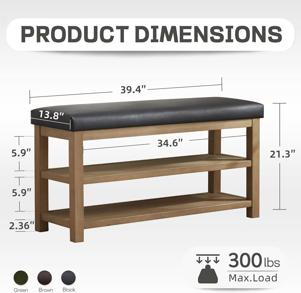 Zihanhome Shoe Rack Bench with Leather Cushion, 2 Tier Solid Wood Storage Ben...
