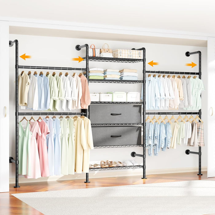Wall Mounted Clothes Rack with 2 Drawers, 3 Row Expandable Closet