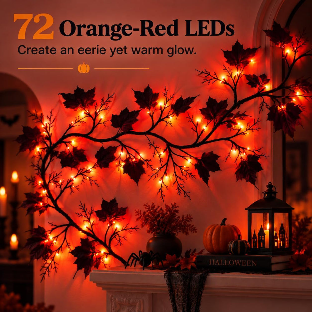 Halloween Garland with Orange Lights, 9 FT Black Maple Leaves, 72 LEDs