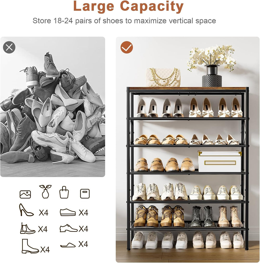 6 Tier Metal Shoe Rack with Wood Top, 18-24 Pairs