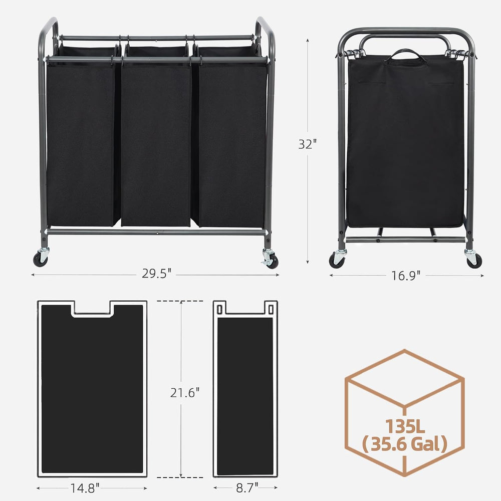 STORAGE MANIAC 3 Section Laundry Sorter, 35.6 Gal (135 L) Laundry Hamper Cart...