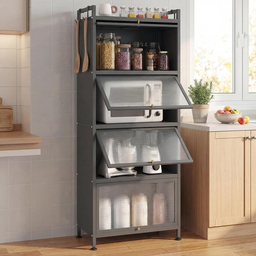 GIANTEX 5-Tier Kitchen Storage Cabinet, 4 PC Doors, Rolling Wheels, Grey