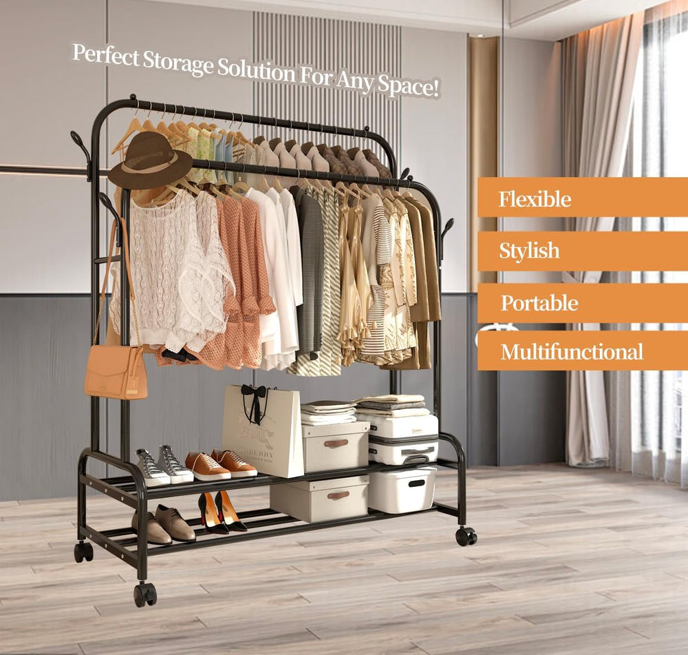 Antiwar Sturdy Metal Double Rodding Clothes Rack With Wheels, Portable Clothi...
