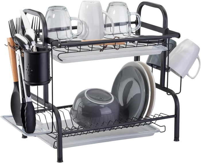 Farenheit Stainless Steel 2-Tier Side Sink Dish Drying Rack for Kitchen Counter, Space Saving Multipurpose Dish Rack with Utensil Holder, Sink Caddy, Cutting Board & Cutlery Basket-Black, FT01H