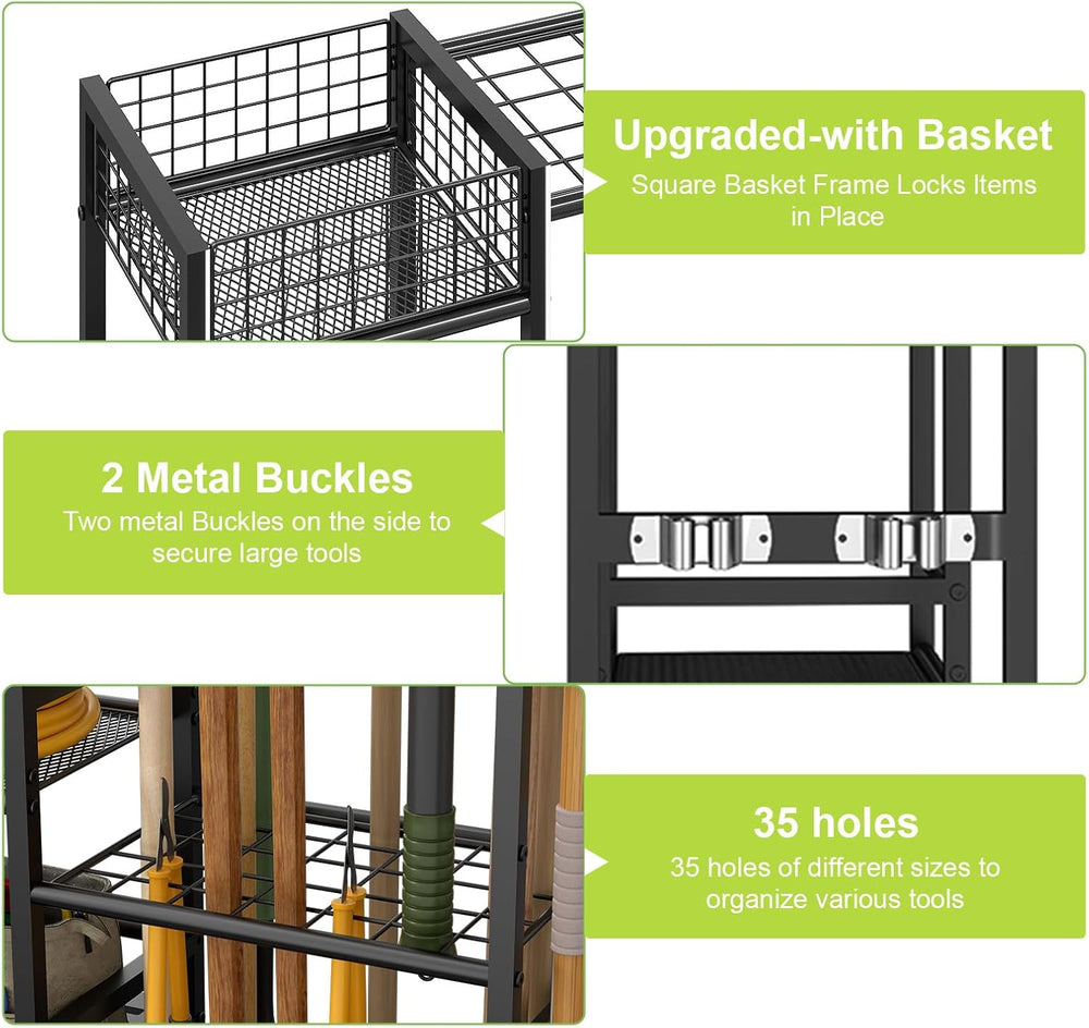 Garden Tool Organizer with Basket, 3-Tier Yard Storage Rack for Garage