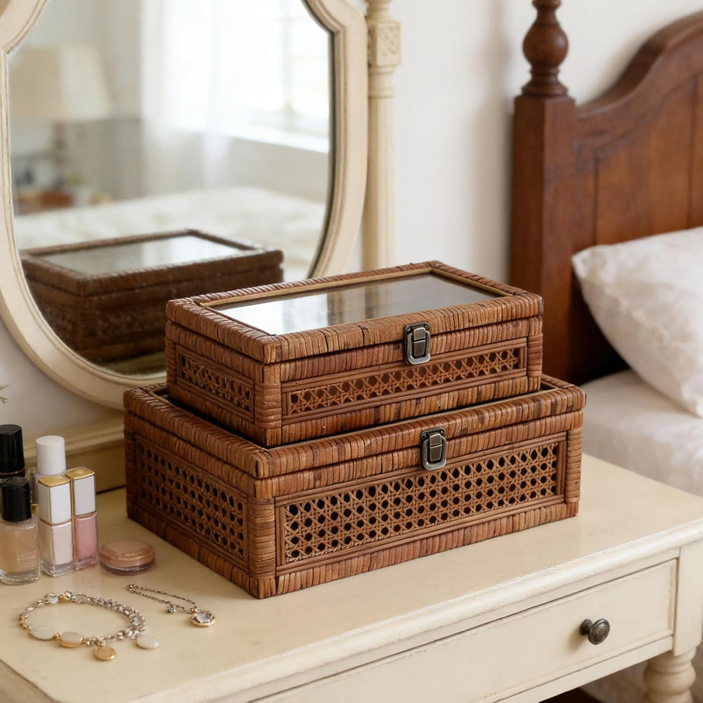 DECOR4SEASON Set of 2 Rattan and Cane Stacking Boxes,Brown,12"&14"