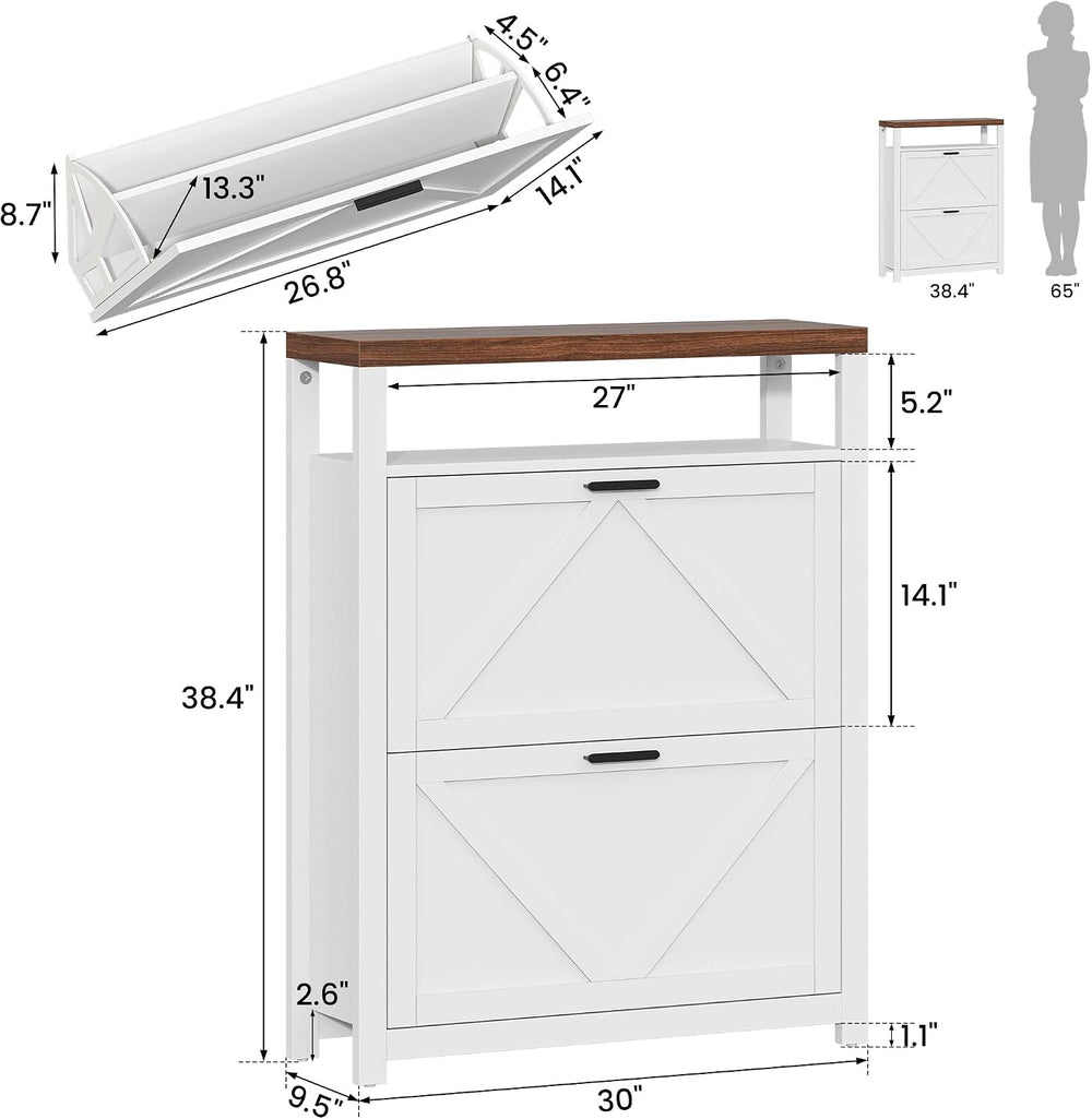 Shoe Storage Cabinet with 2 Flip Drawers, 4 Tires Farmhouse Shoe Organizer wi...