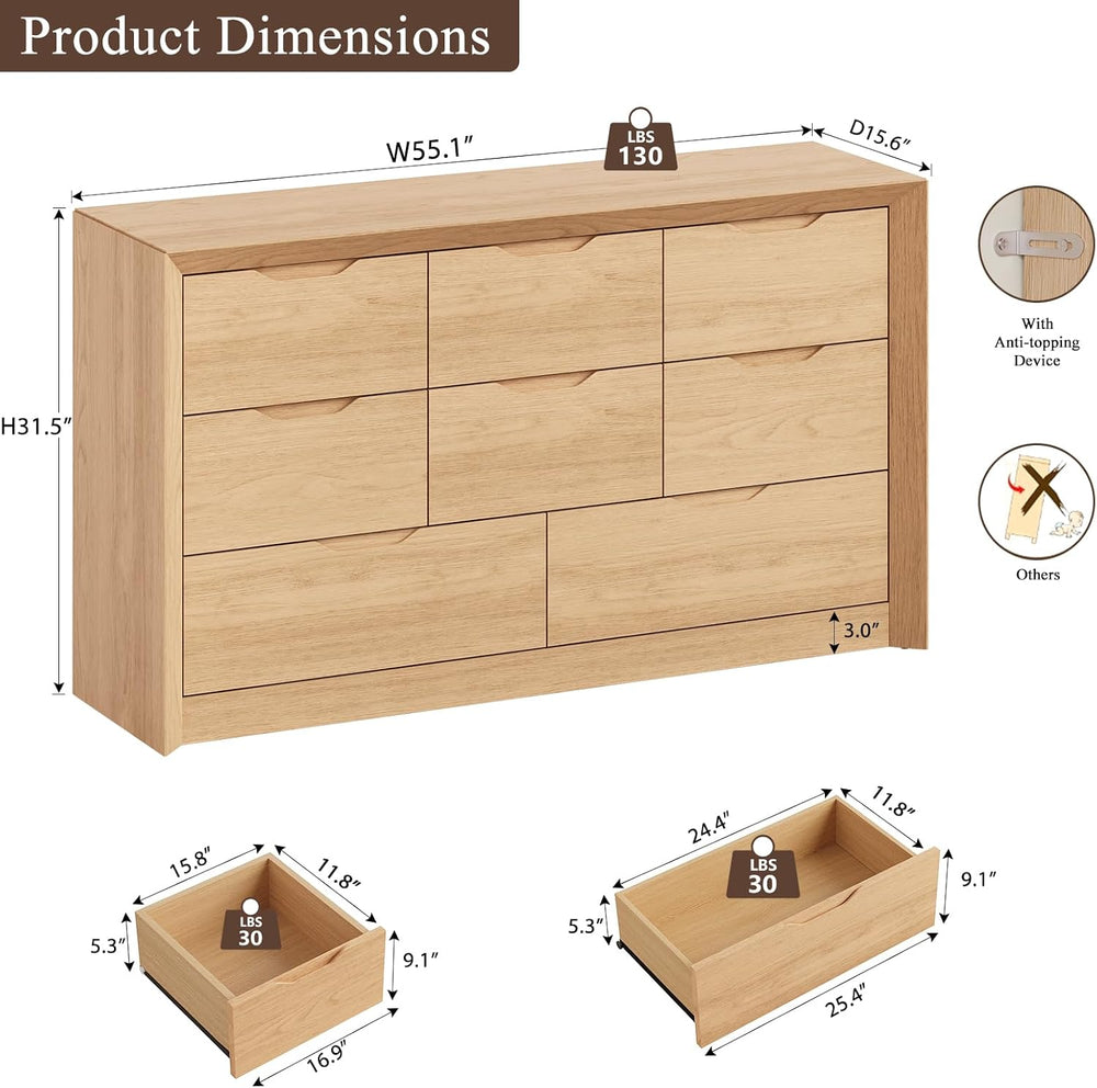 YANSNWO Natural Oak 8 Drawer Dresser for Bedroom, 55" Wide Chest of Drawers