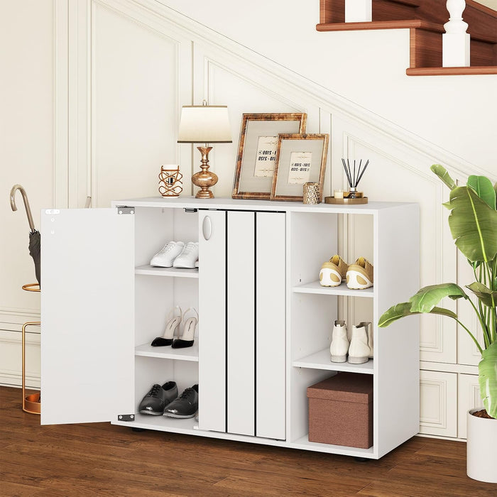 GOFLAME 3-Tier Shoe Cabinet with Doors, Shoe Rack Organizer with Adjustable Side Shelves, Freestanding Shoe Storage Cabinet for Entryway, Hallway, Living Room, White