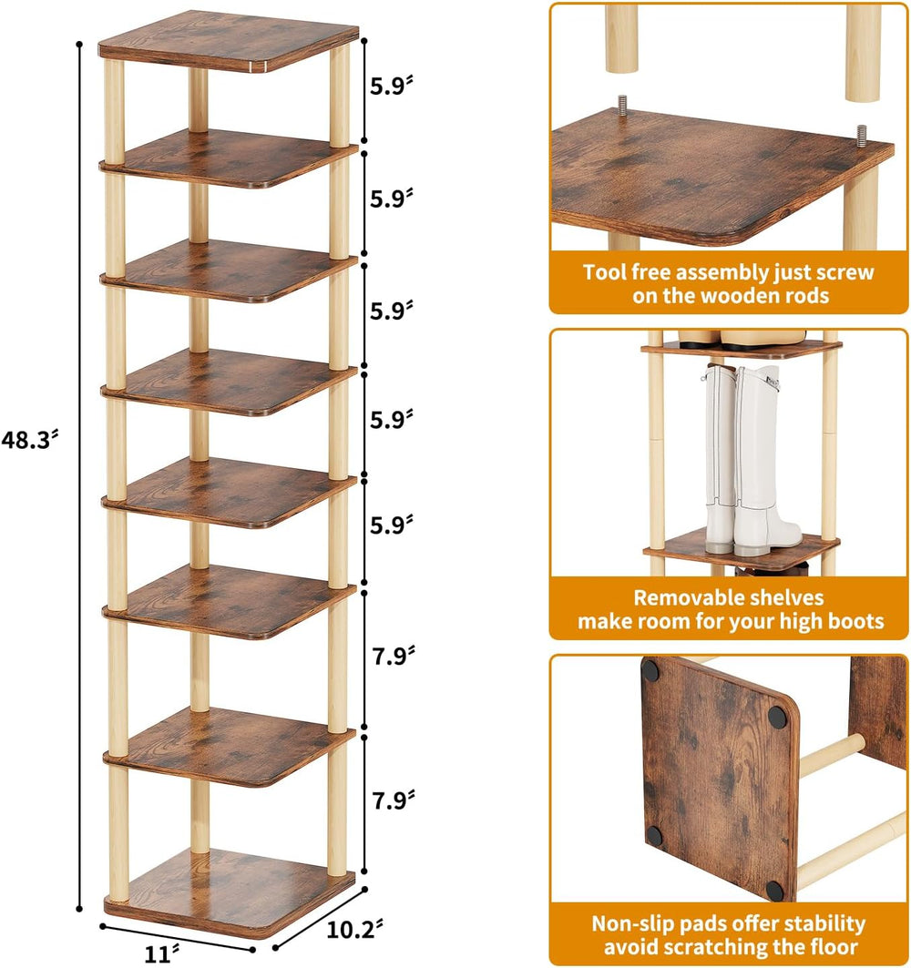 8 Tiers Vertical Shoe Rack, Tall Narrow Shoe Tower, Corner Shoe Rack, Brown