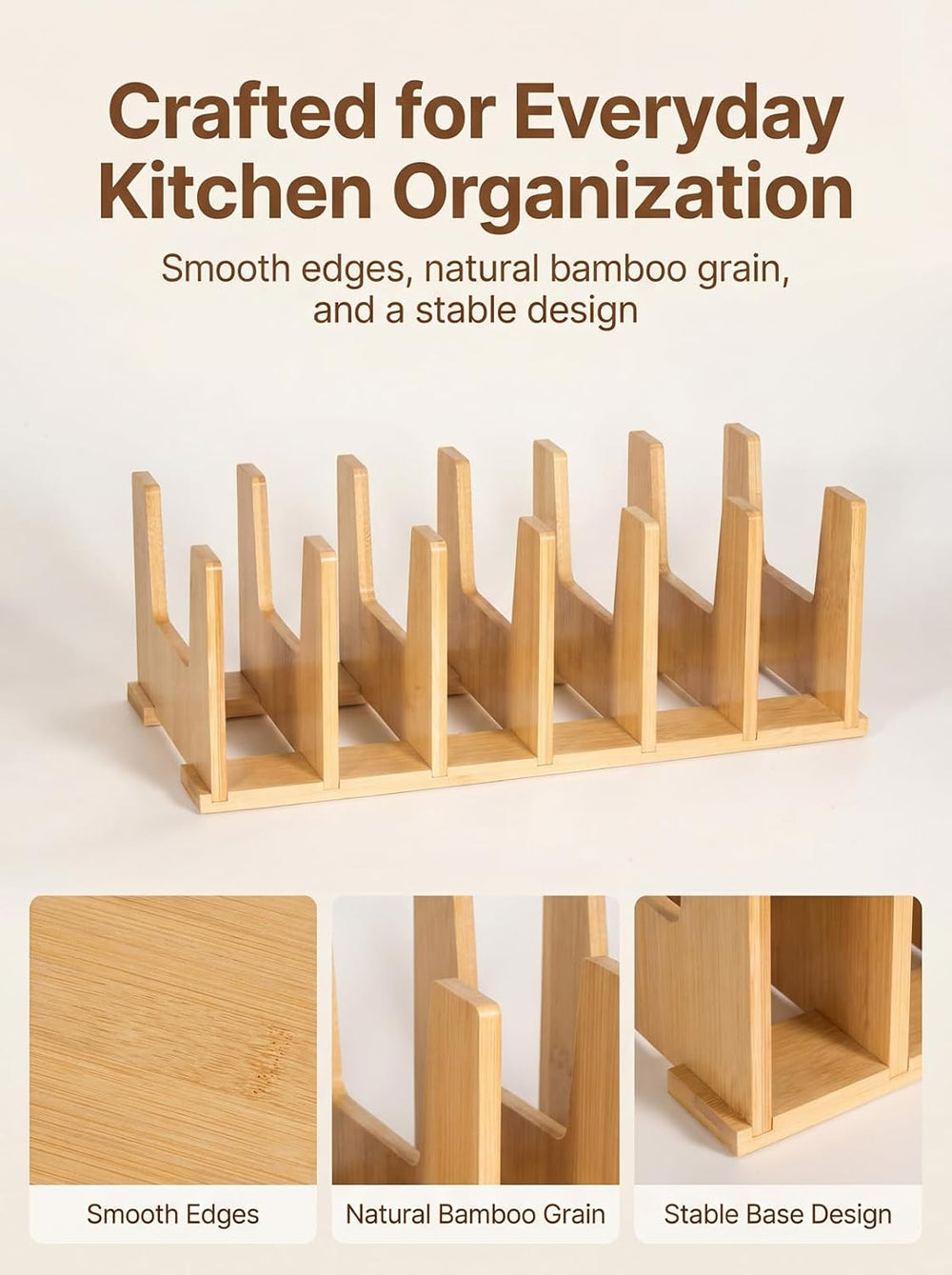 2 Pack Bamboo Pot Lid Organizer for Drawer & Cabinet, 6-Slot Lid Holder