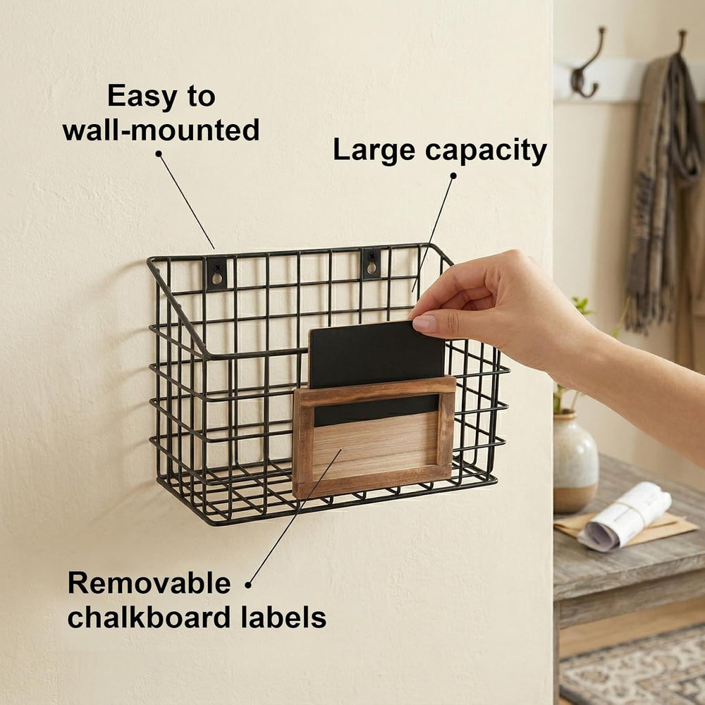 MyGift 10 Inch Wall Mounted Matte Black Metal Wire Storage Baskets with Chalk...