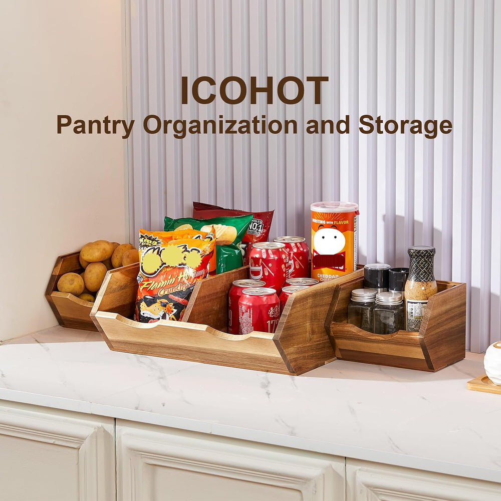 Acacia Wood Pantry Storage Bins, Stackable Storage Baskets Potato and Onion S...