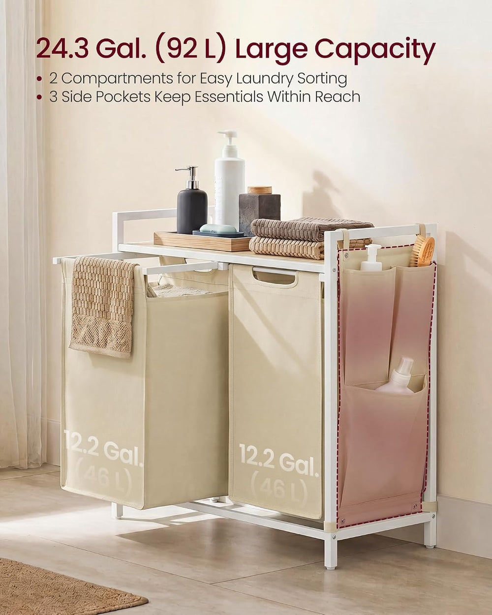 VASAGLE Laundry Hamper with Shelf, 2 Pull-Out Bags, 2 x 12.1 Gallons (46 L)