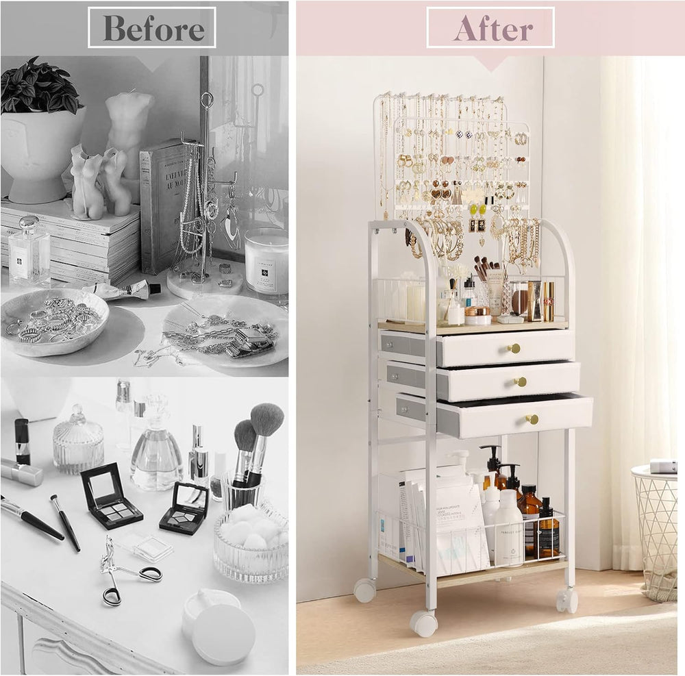 Keebofly Large Floor Jewelry Organizer Stand with 3 Drawers - White