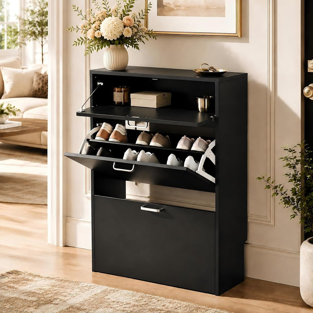 VINGLI Shoe Cabinet Storage for Entryway,Black Small Narrow Shoe Rack,25" W