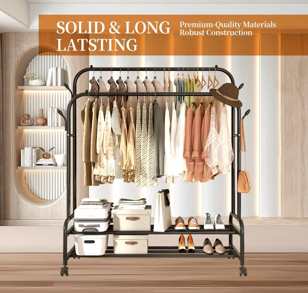 Antiwar Sturdy Metal Double Rodding Clothes Rack With Wheels, Portable Clothi...