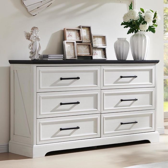 ACCOHOHO 52" Wide Farmhouse 6 Drawer Dresser for Bedroom, Off White