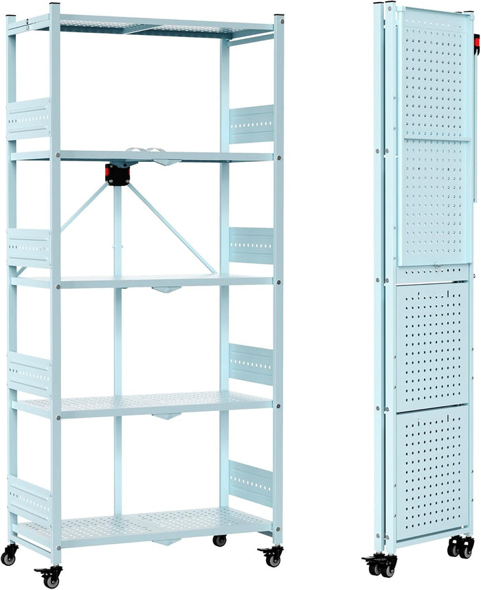 WORKPRO 5-Tier Folding Shelf, No-Assembly Metal Storage Rack with Wheels, 750 lbs Capacity (with Leveling Feet), Collapsible Shelving Unit for Kitchen, Pantry, Closet & Craft Shows - Blue