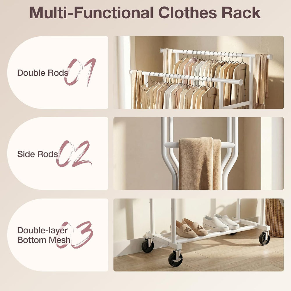 Clothes Rack, Double Rods Rolling Clothing Rack for Hanging Clothes Load 260 ...