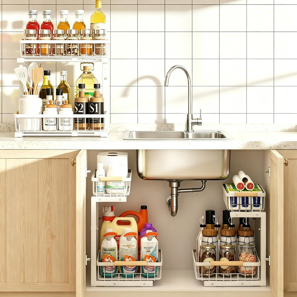 REALINN Under Sink Organizer, White 2 Pack Height Adjustable