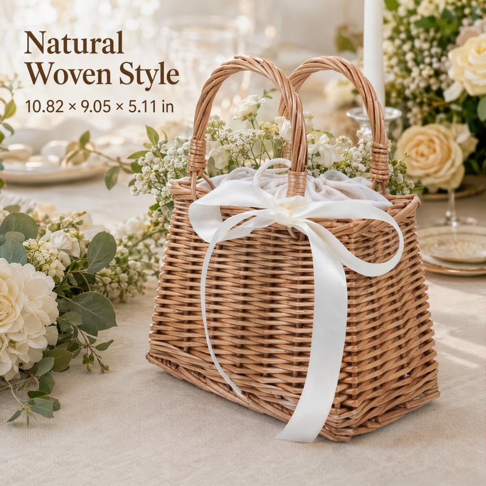 Cabilock Flower Girl Basket, Woven Rattan Wedding Petal Basket with Bow