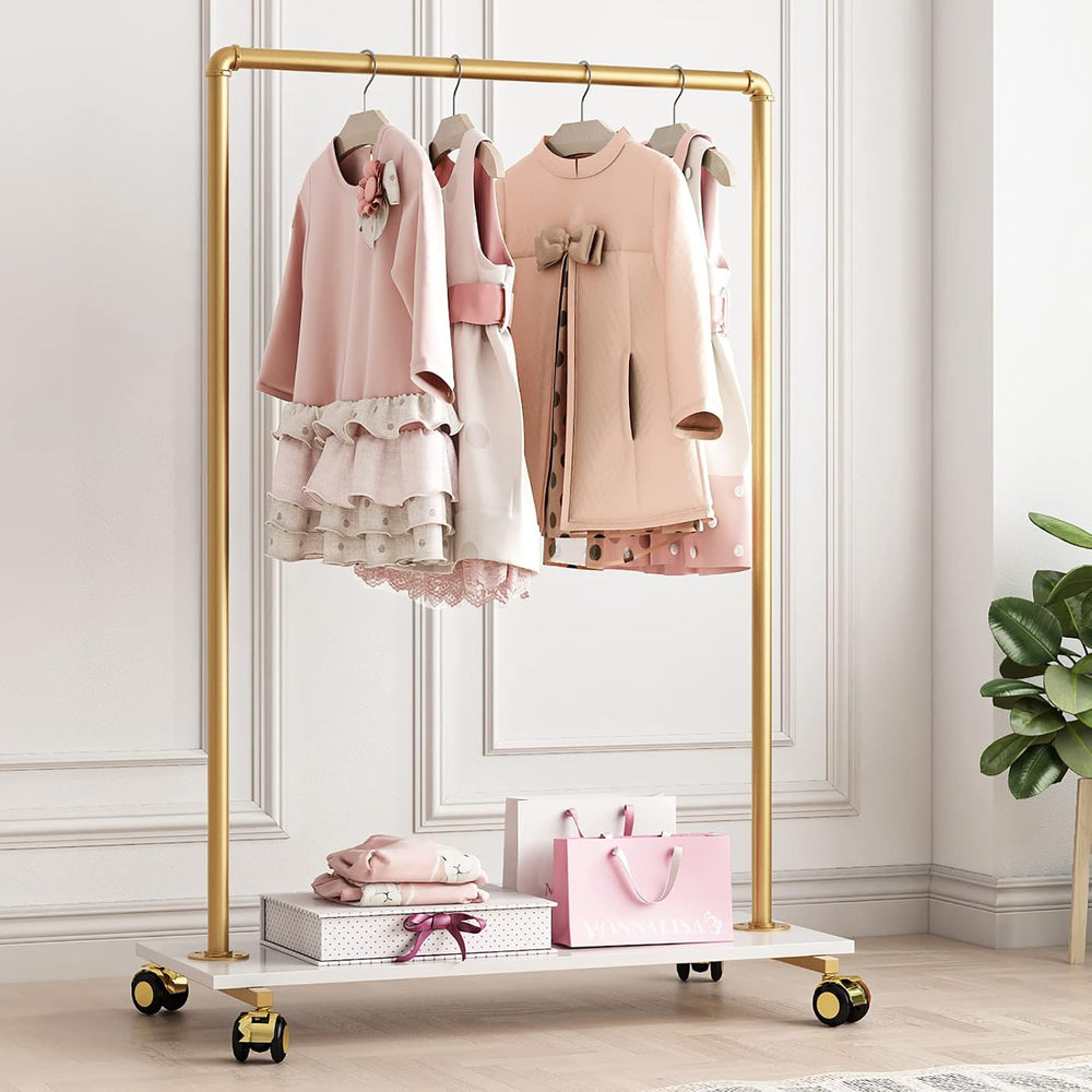 Gold Metal Clothing Rack with Wood Shelf, Heavy Duty Rolling Garment Rack wit...