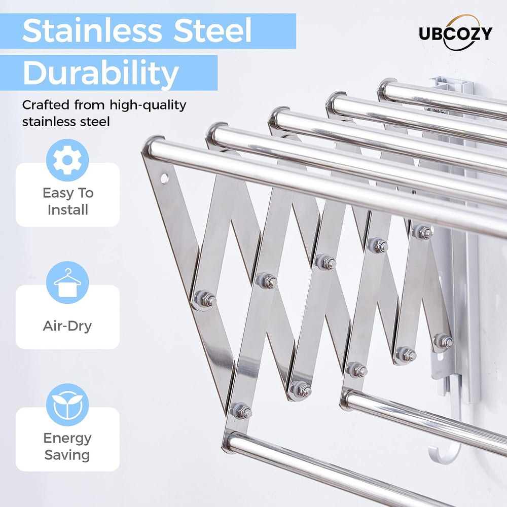 | Clothes Drying Rack Wall Mounted with Hooks - Foldable & Removable Laun...