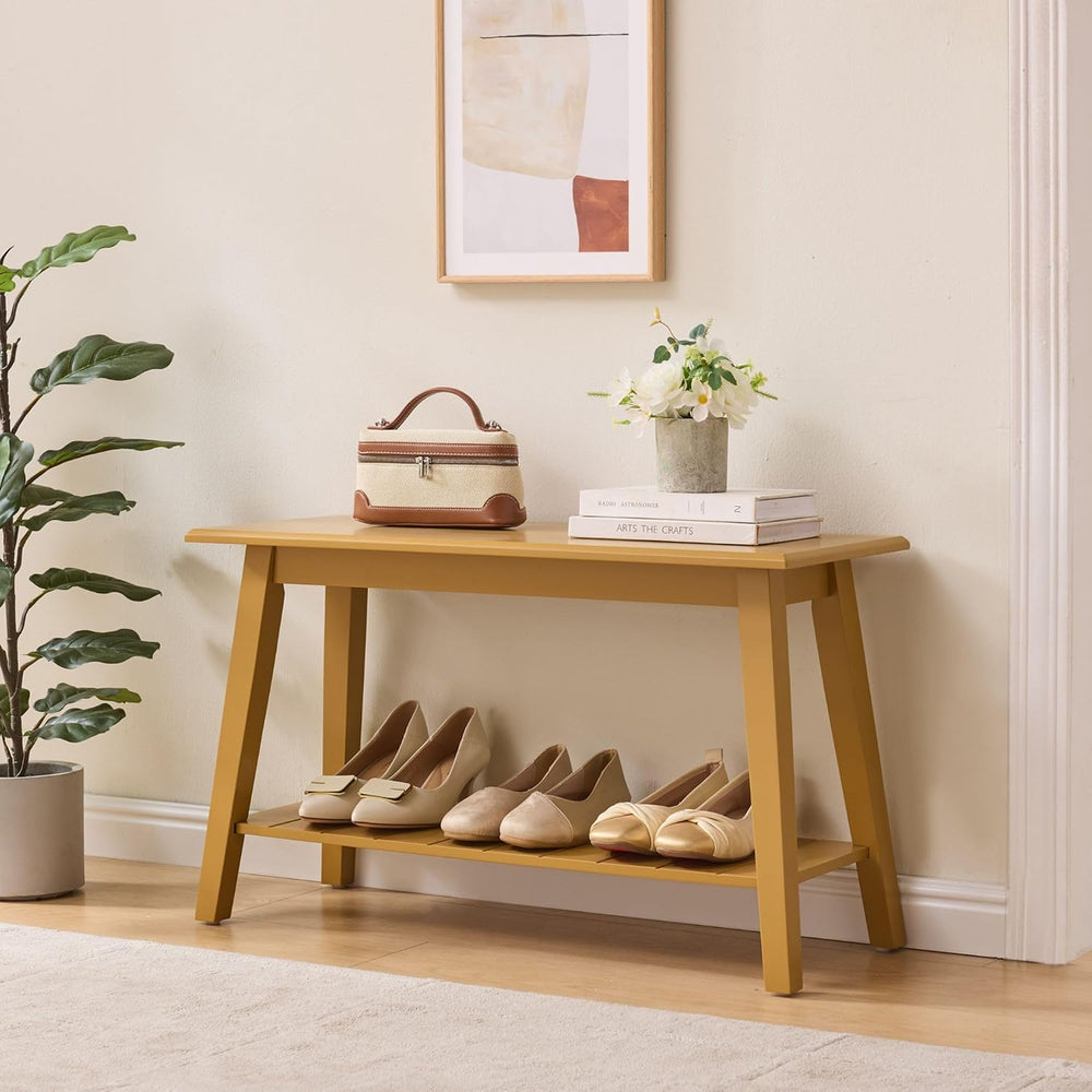 Kings Brand Wood Entryway Shoe Bench with Storage Shelf, Honey Mustard