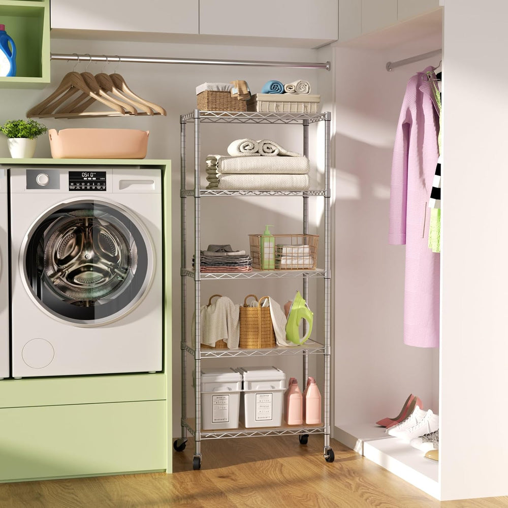 5 Shelves Storage Wire Shelf Closet Metal Shelving Pantry Wheels